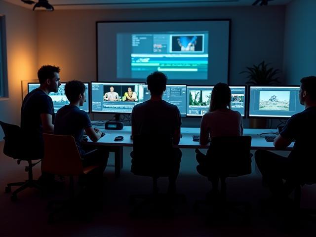 Students and instructor discussing footage in a modern film editing classroom