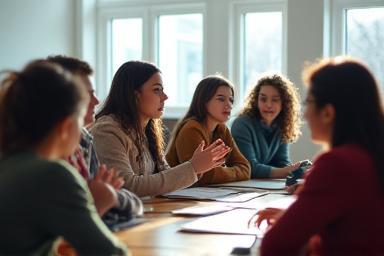 Students discussing film in a classroom