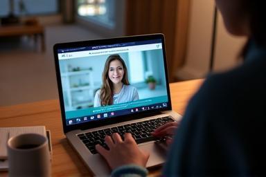 Person watching online video class on laptop