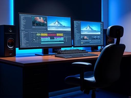 Modern video editing suite with multiple monitors