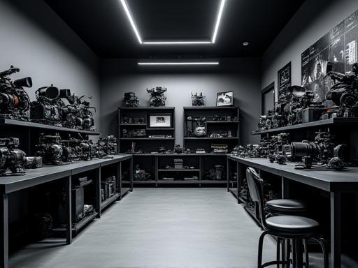 Display room showcasing professional film equipment