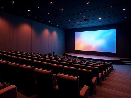 Lecture hall with projector screen and seating