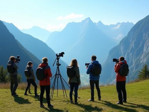 Students filming outdoors in the Swiss Alps landscape