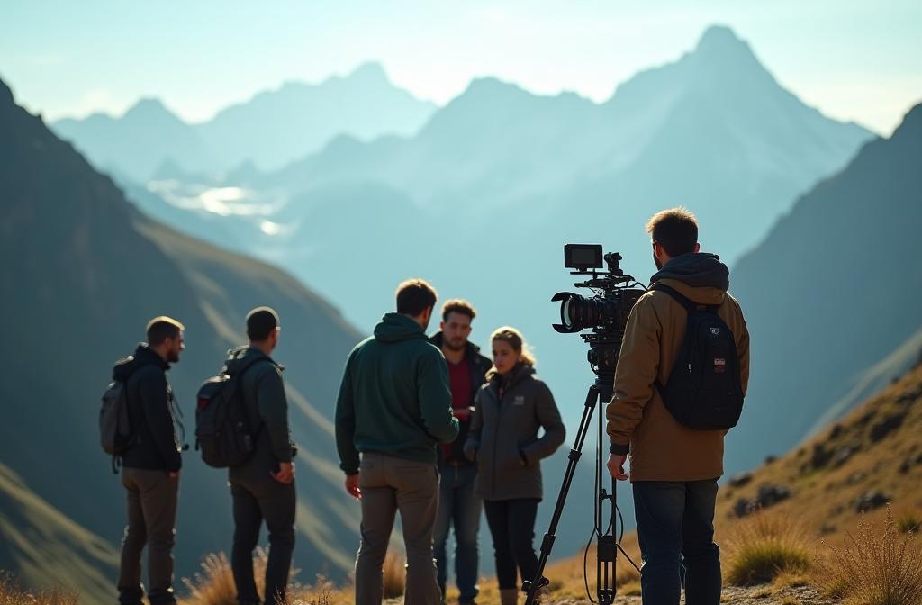 Filmmaking crew shooting in a stunning alpine landscape